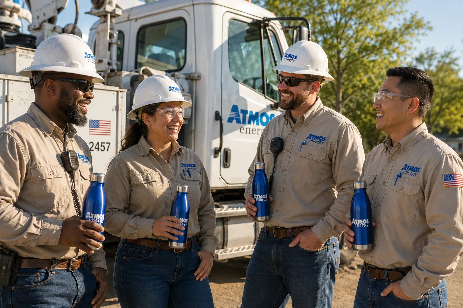 Atmos Energy field team holding custom-branded drinkware sourced by Bob Lilly Promotions.