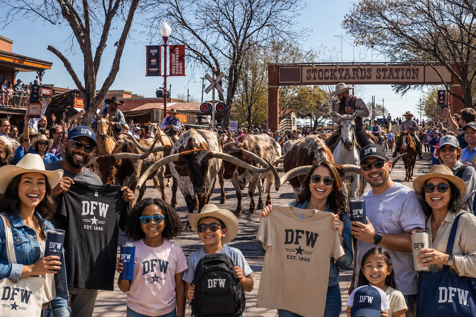 Crowd wearing custom DFW-branded shirts at Fort Worth Stockyards Station, sourced by Bob Lilly Promotions.