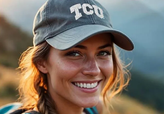 TCU student wearing a custom embroidered ballcap, sourced and decorated by Bob Lilly Promotions.