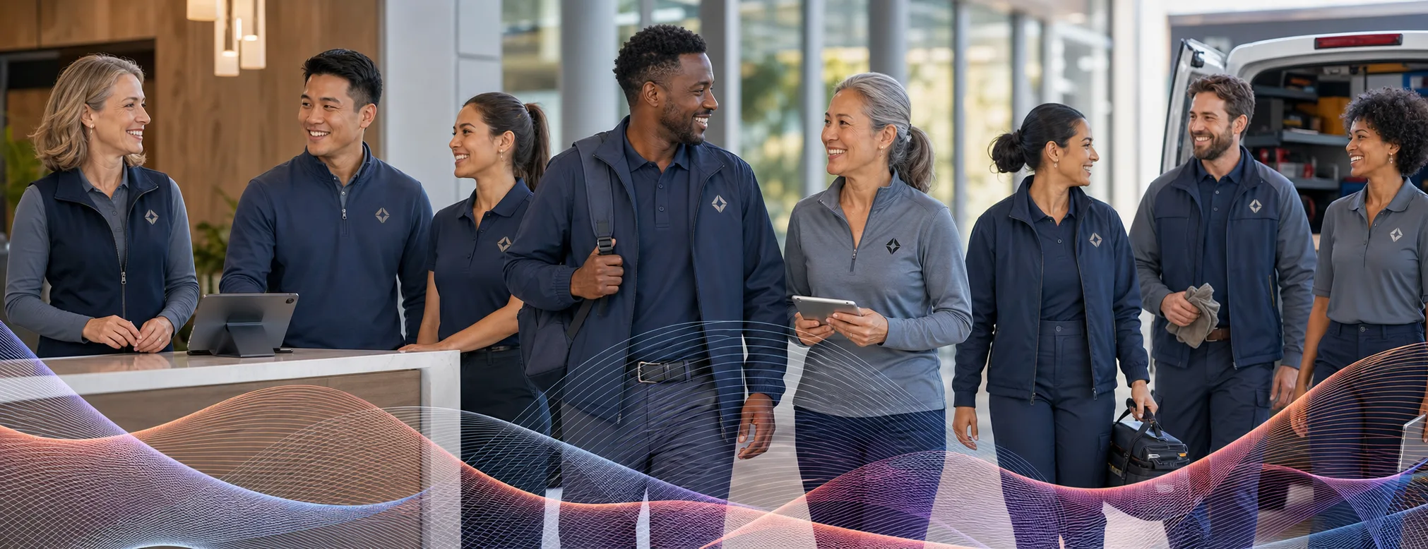 employee uniform program team in matching branded apparel