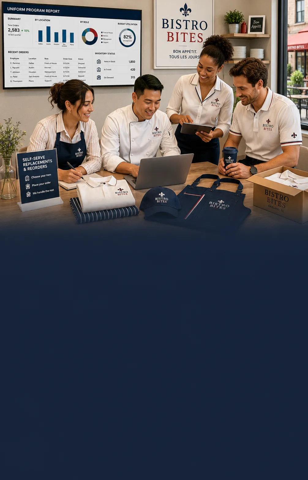 employee uniform program team in matching branded apparel