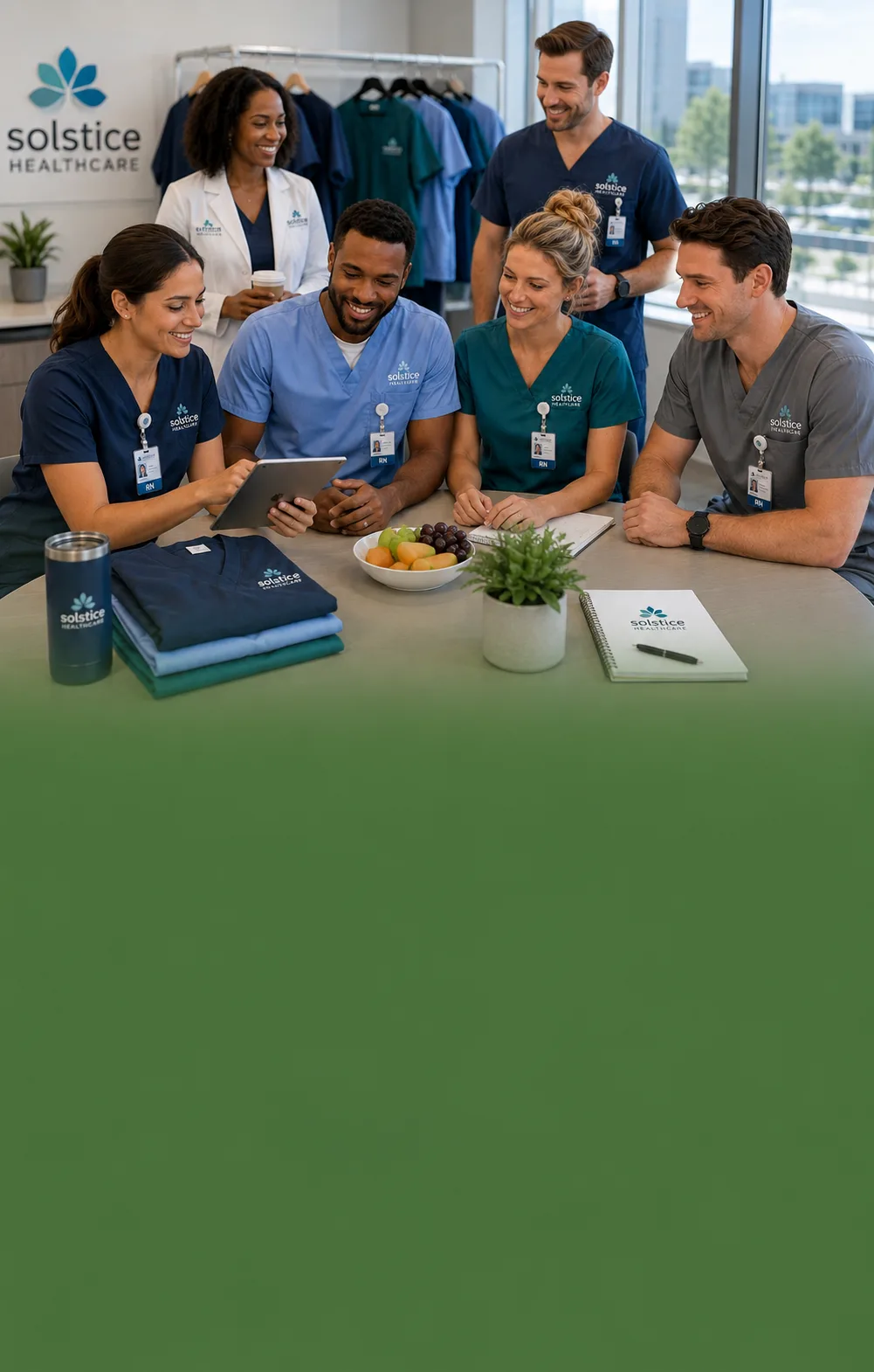 employee uniform program team in matching branded apparel