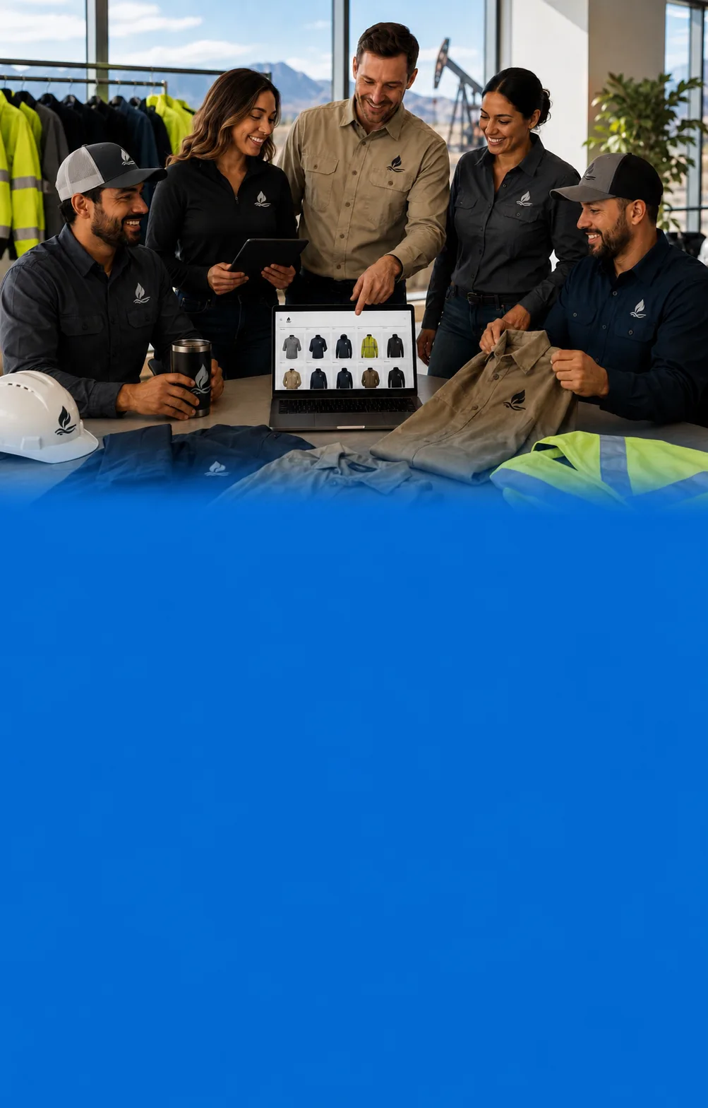 employee uniform programs team in matching branded apparel