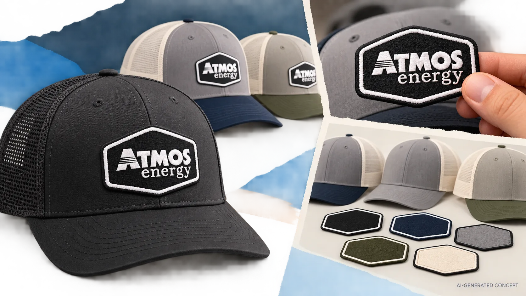 AI concept collage inspired by Atmos Energy hat bar references, showing mesh-back caps and the branded patch