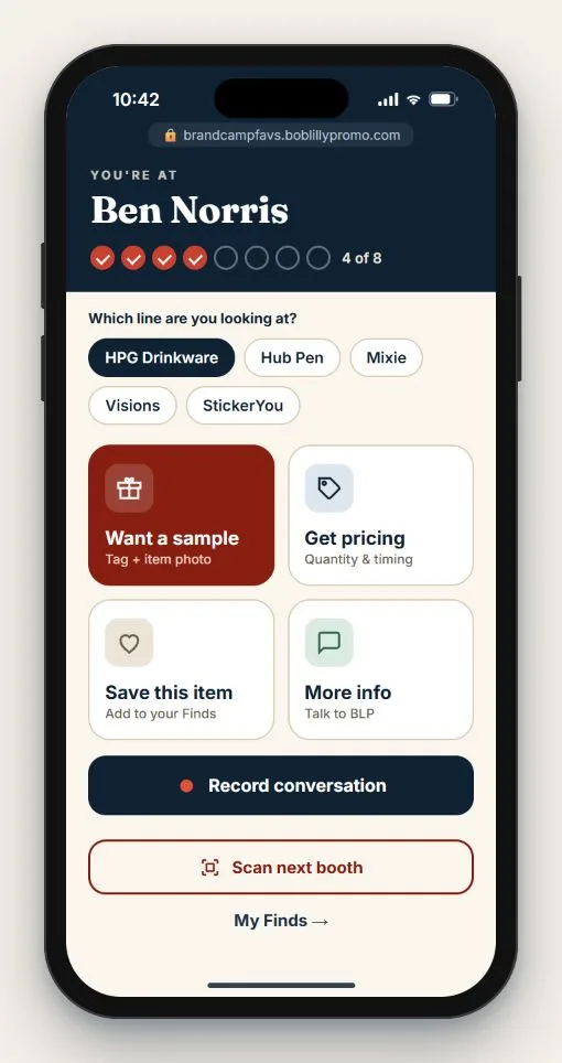 Brand Camp Favorites App showing supplier selection and sample or pricing requests