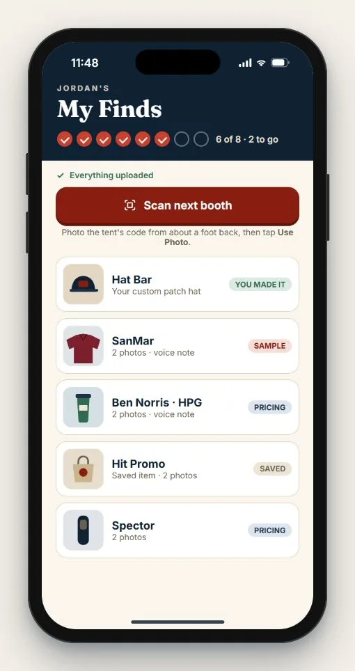 Brand Camp Favorites App saved finds screen