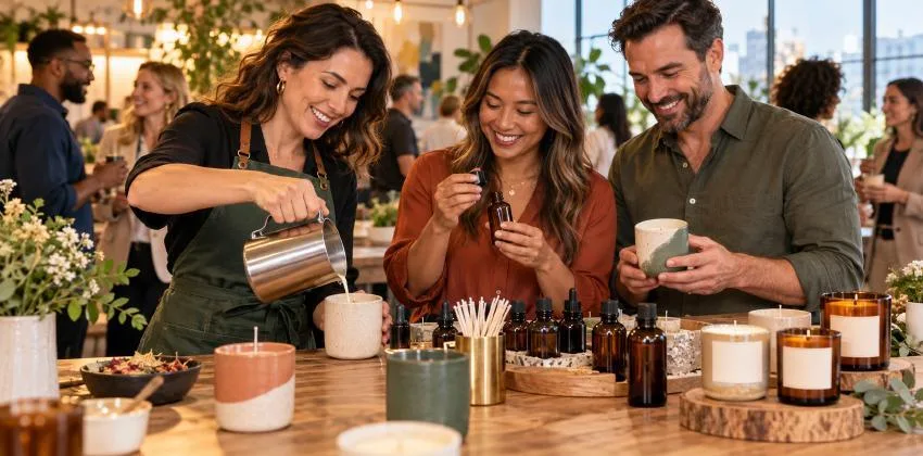 Illustration of guests making candles at an event