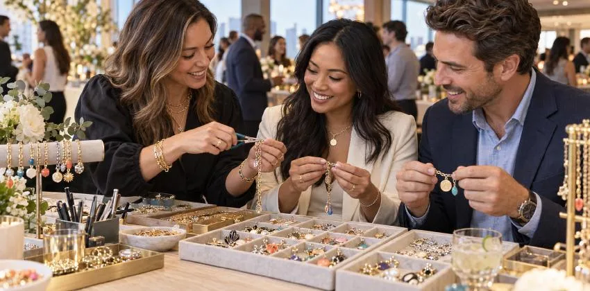 Illustration of guests choosing charms at a jewelry bar