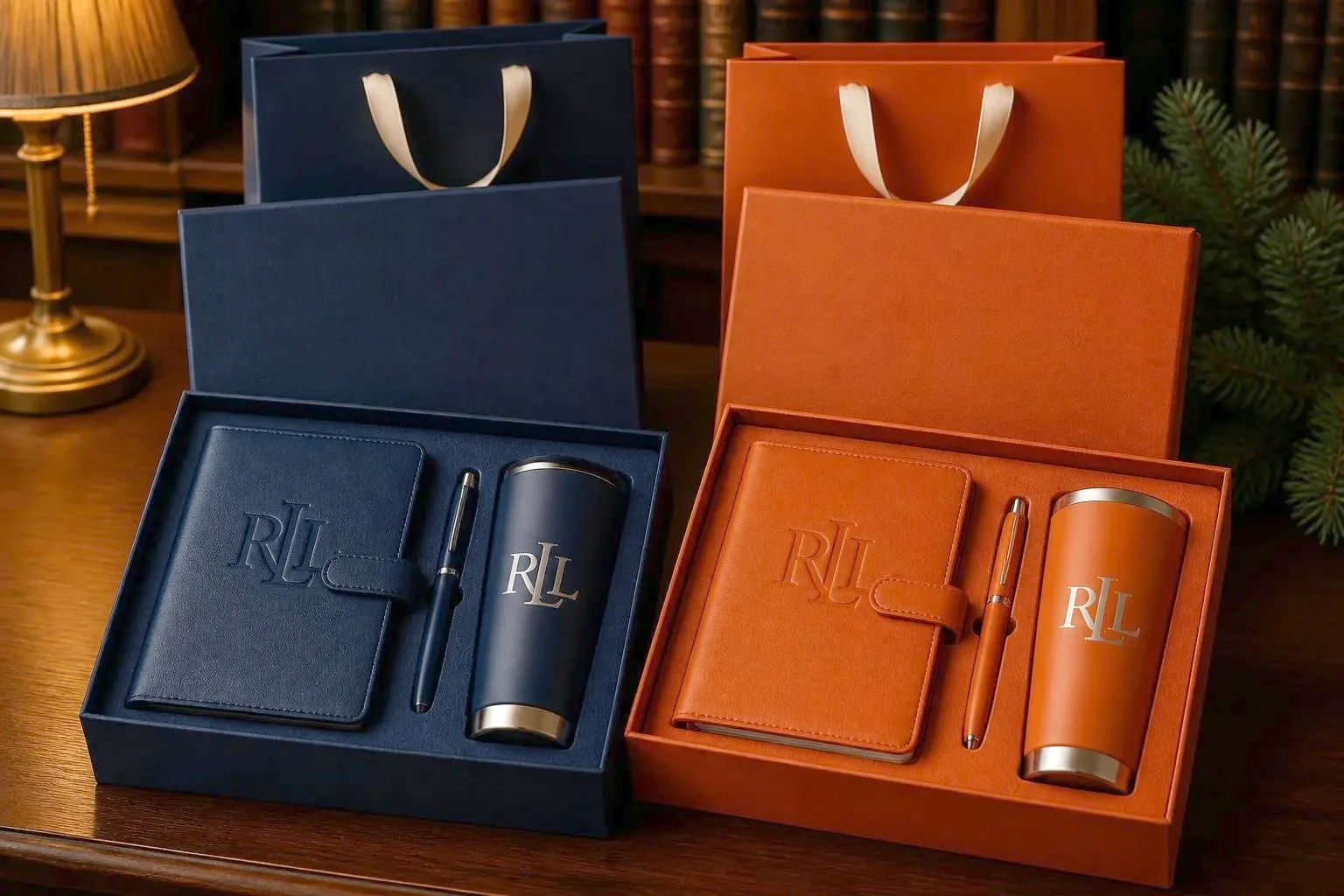 Concept image: navy and orange corporate holiday gift kits with an embossed journal, pen and engraved tumbler in presentation boxes