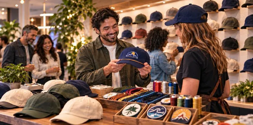 Illustration of a guest selecting a patch for a custom hat