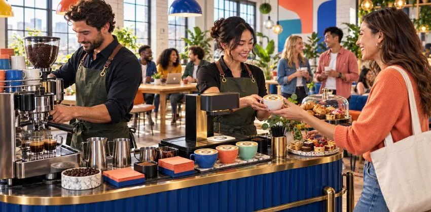 Illustration of baristas serving guests at an event coffee bar