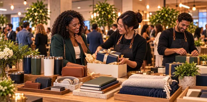 Illustration of a guest receiving a wrapped gift from a concierge