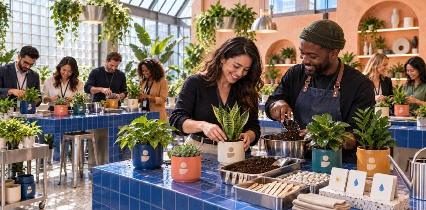 Illustration of guests potting small plants at an event station
