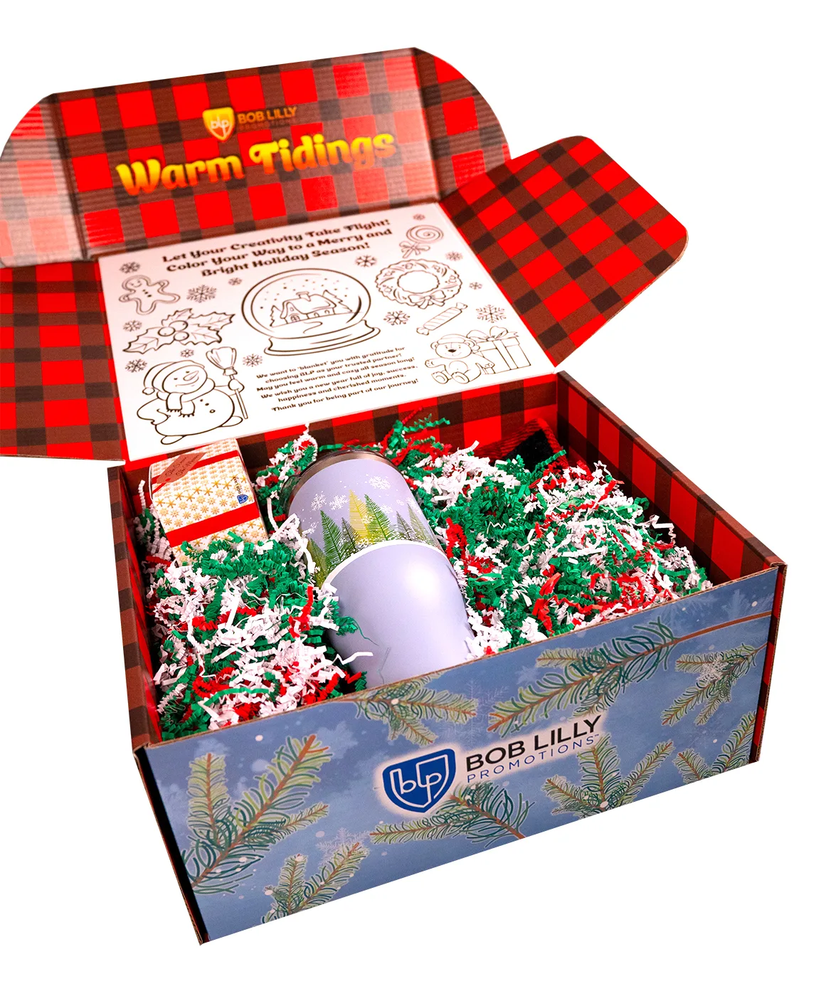 Open Warm Winter Wishes holiday box designed by Bob Lilly Promotions, packed with a tumbler and gifts in holiday crinkle paper