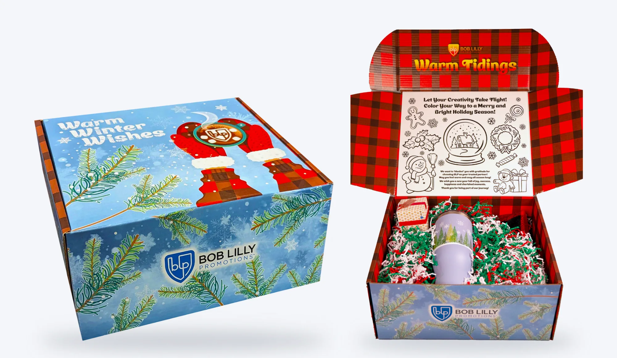 Warm Winter Wishes holiday box designed by Bob Lilly Promotions, shown closed and open