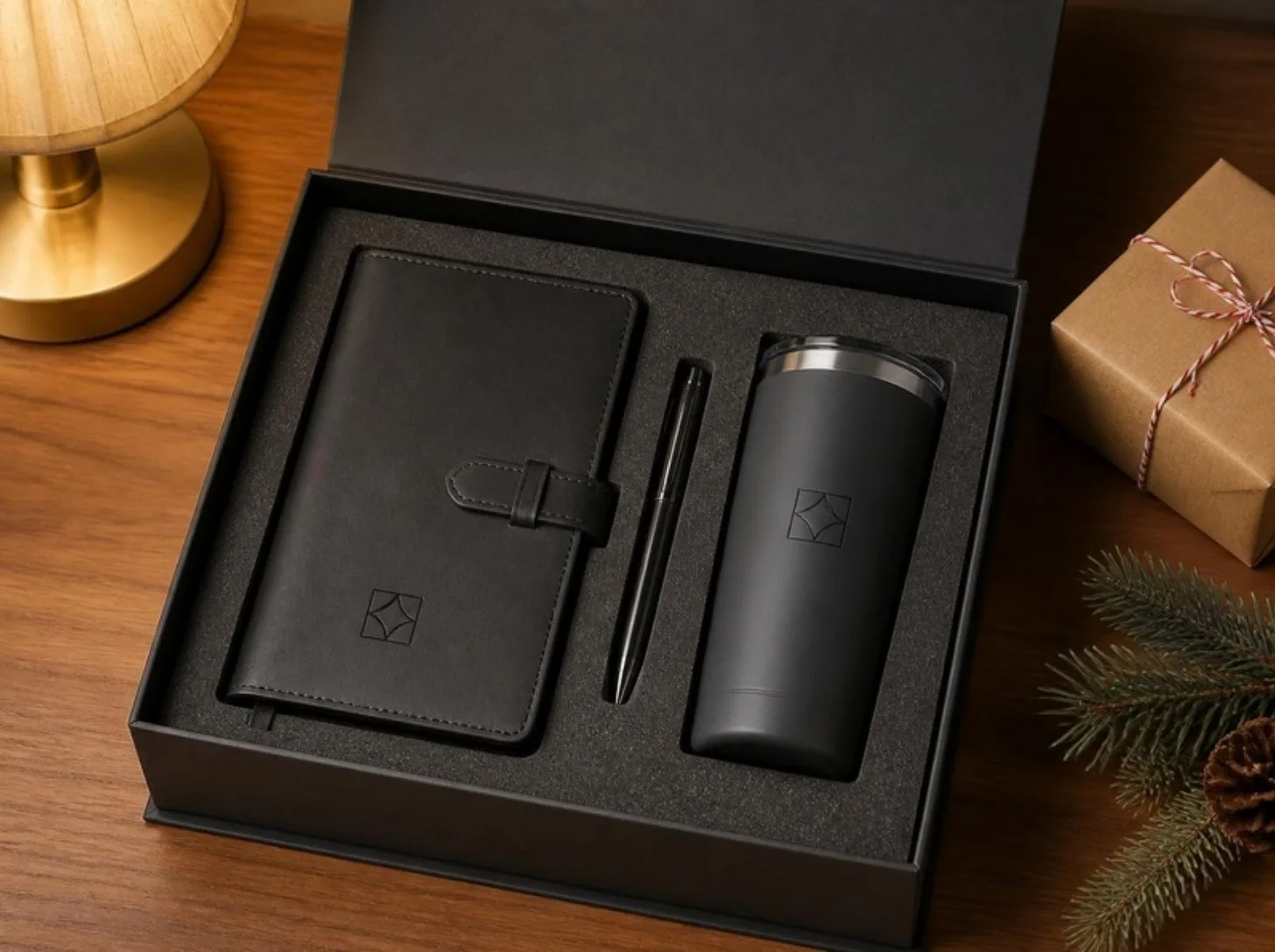 Concept image: engraved leather journal, pen and tumbler in a presentation gift box beside a kraft-wrapped present