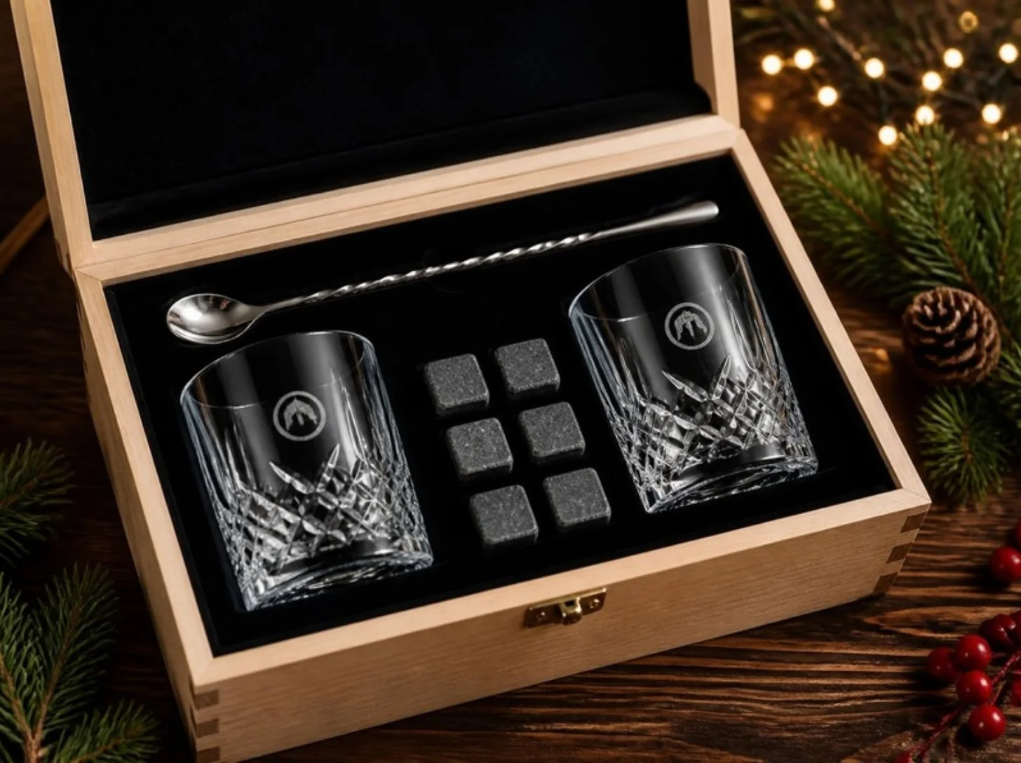 Concept image: engraved crystal rocks glasses and whiskey stones in a wooden gift box with pine and holiday lights