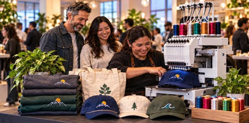Illustration of hats and bags at a live embroidery station