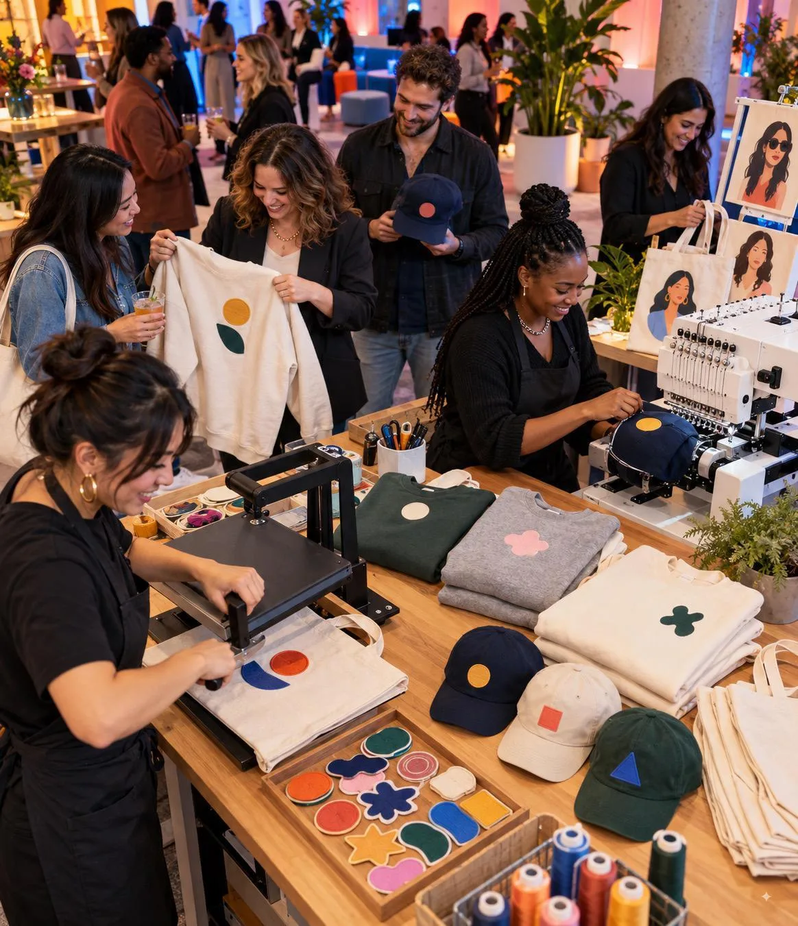 Illustration of an event personalization station with embroidery and custom bags