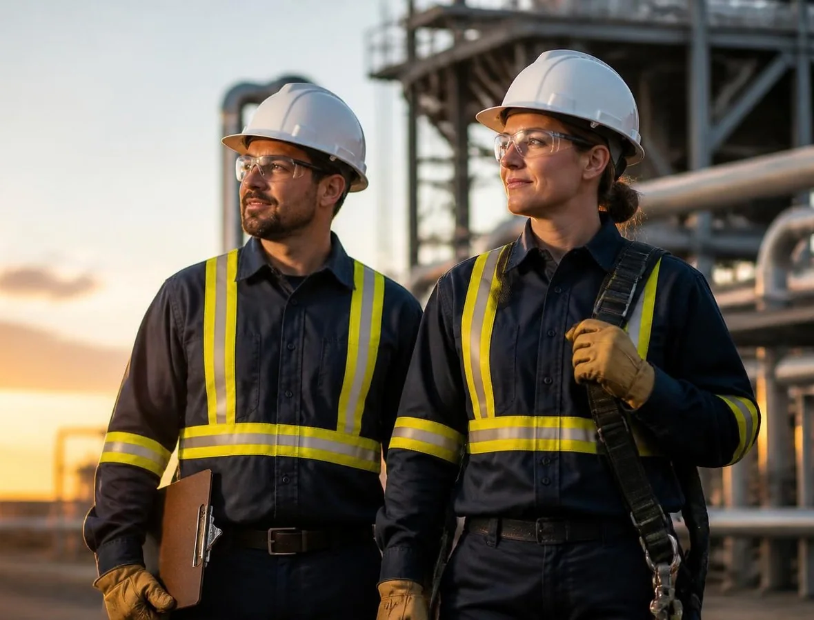Two energy site workers in white hard hats, safety glasses and navy workwear with hi-vis reflective striping at an industrial facility at sunset