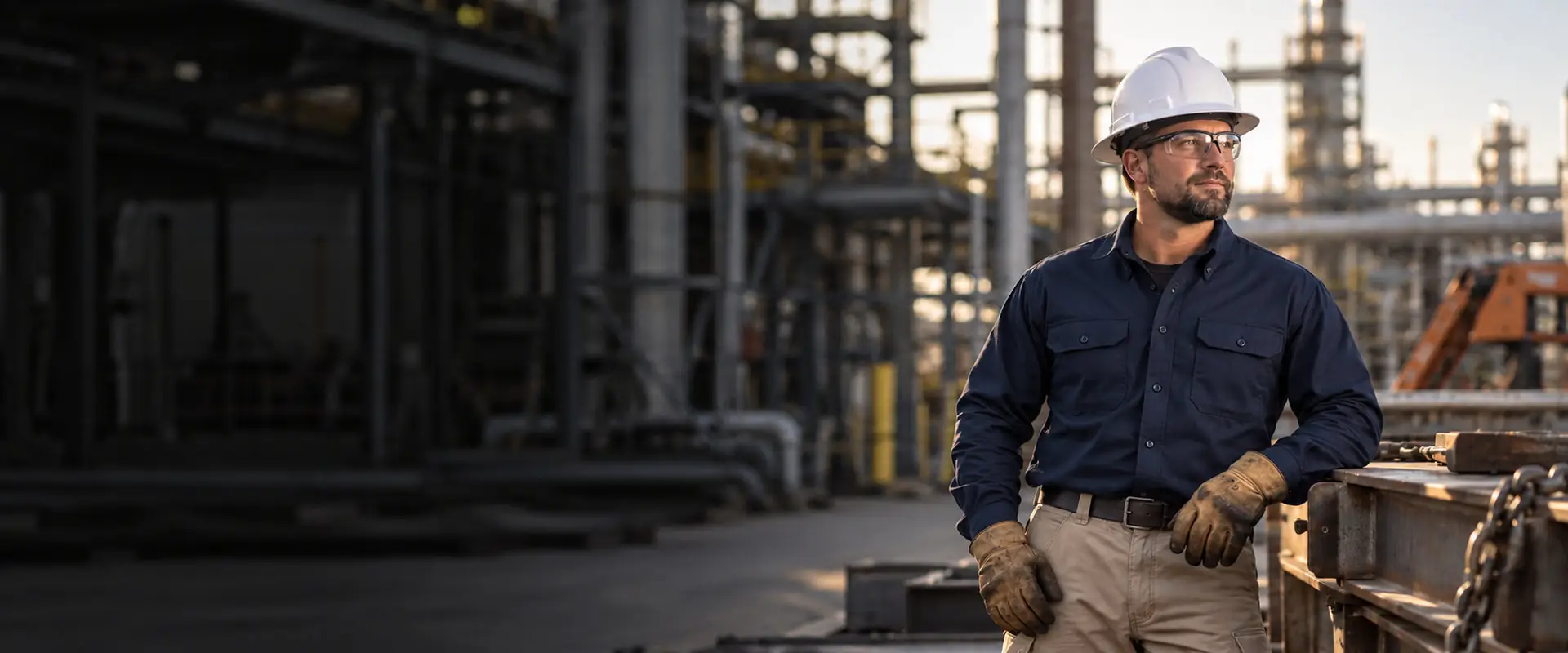 Field worker in a hard hat, safety glasses and gloves at an industrial plant, for BLP FR uniform and PPE programs