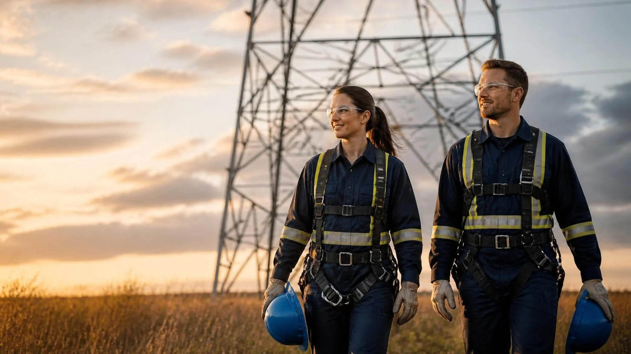 Two utility workers in navy workwear with hi-vis reflective striping and fall protection harnesses, carrying safety helmets near a transmission tower
